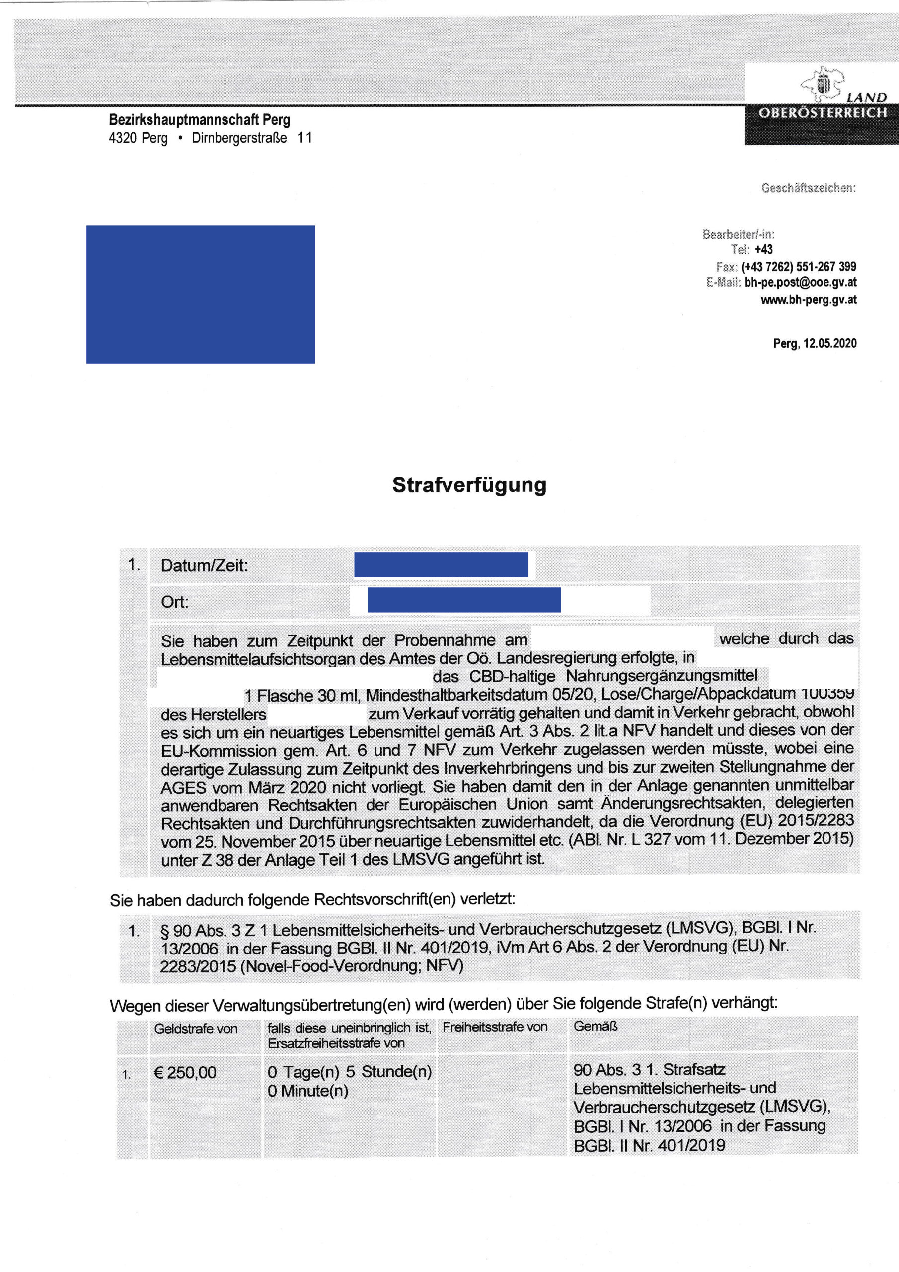 Ordnungsgeldbescheid gegen Anbieter eines dt. Hanföls in Oberösterreich