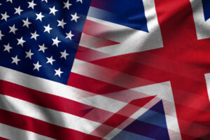Composite background of the flags of the Untied Kingdom of Great Britain and the United States of America in a concept of global trade and politics