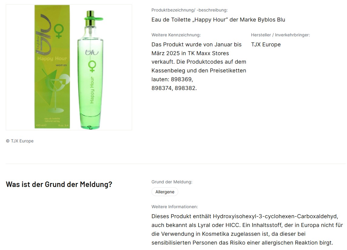 Produktrückruf nicht verkehrsfähiges Eau de Toilette. Link auf Eintrag lebensmittelwarnung.de