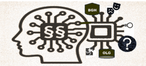Ki-Symbol, Kopf mit Paragraphen und mit elektrischen Leitern mit einem Chip verbunden