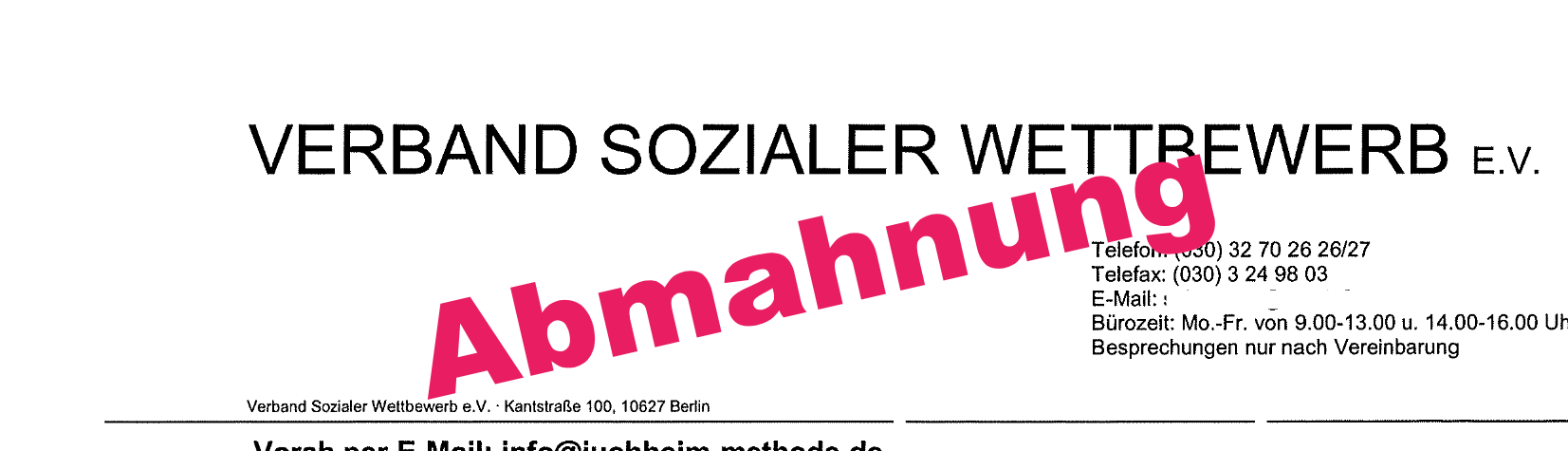 Titel_neu Briefkopf des Abmahnvereins Verband Sozialer Wettbewerb Berlin mit Aufdruck "Abmahnung"