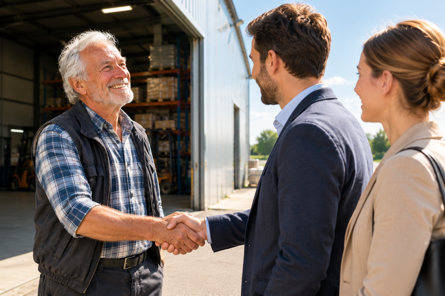 handshake Gründer und Nachfolger beim Handschlag. Founder and successor shake hands.